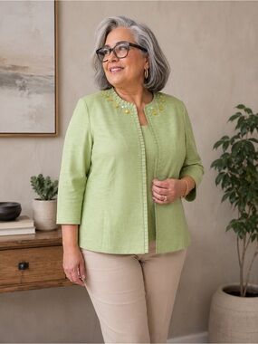 Alfred Dunner Light Green Embellished Collar Jacket